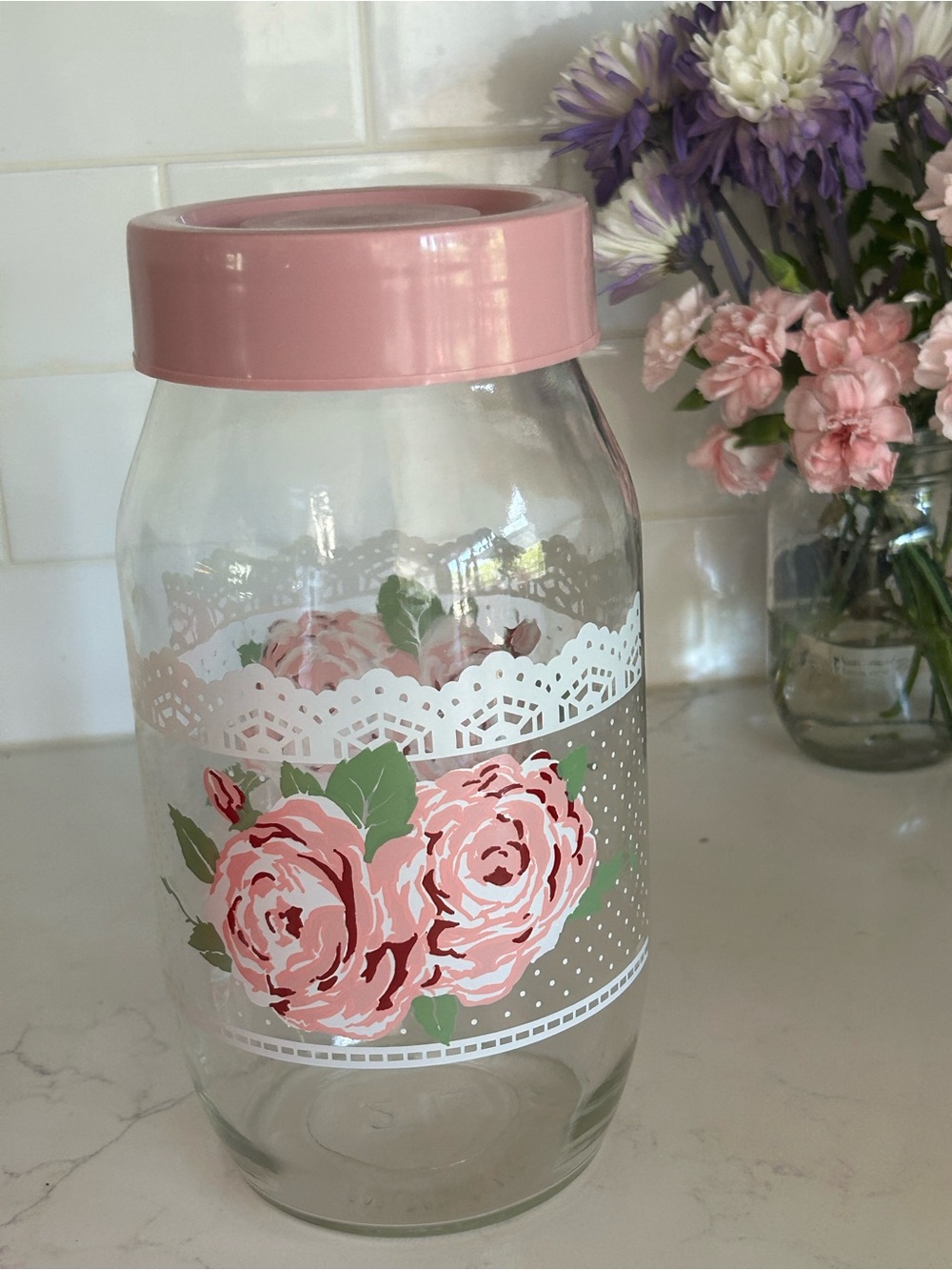 Vintage Carlton Glass 2L Pink Rose Jar Canister Victorian Rose Lace pink lid